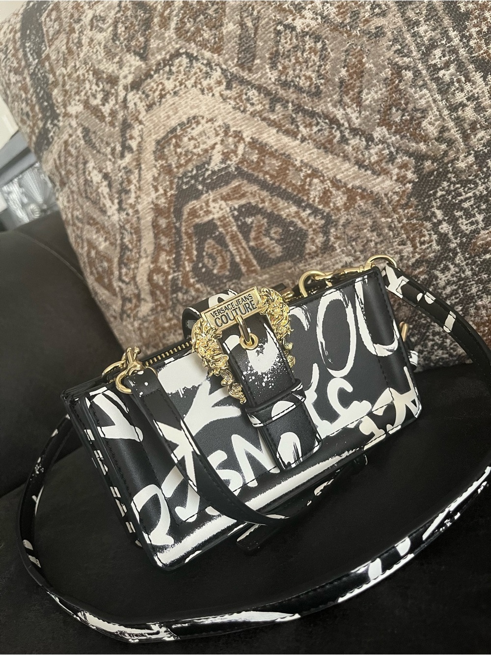 Versace Jeans Collection Black & White Graffiti Crossbody with Gold Hardware